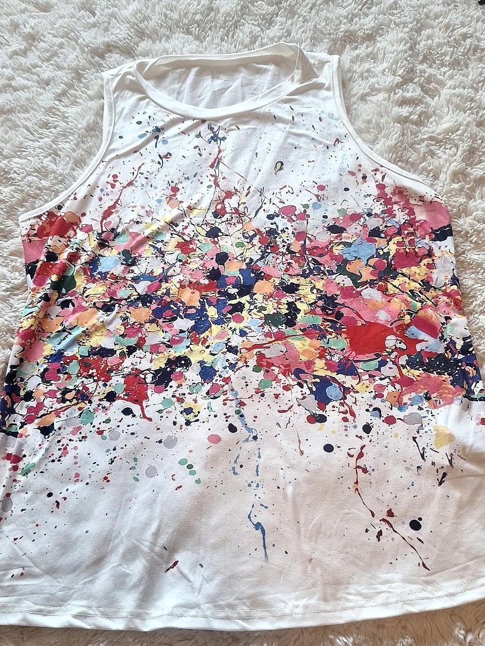 SHEIN Paint Splatter Graphic Tank Top White & Pink Size Medium